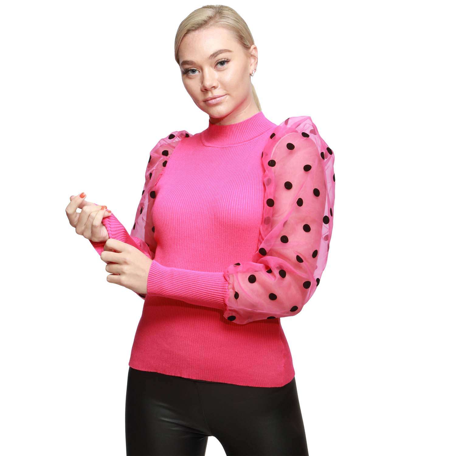 fuchsia-jumper-top-ribbed-body-shimmer-spotty-sleeves-bulk