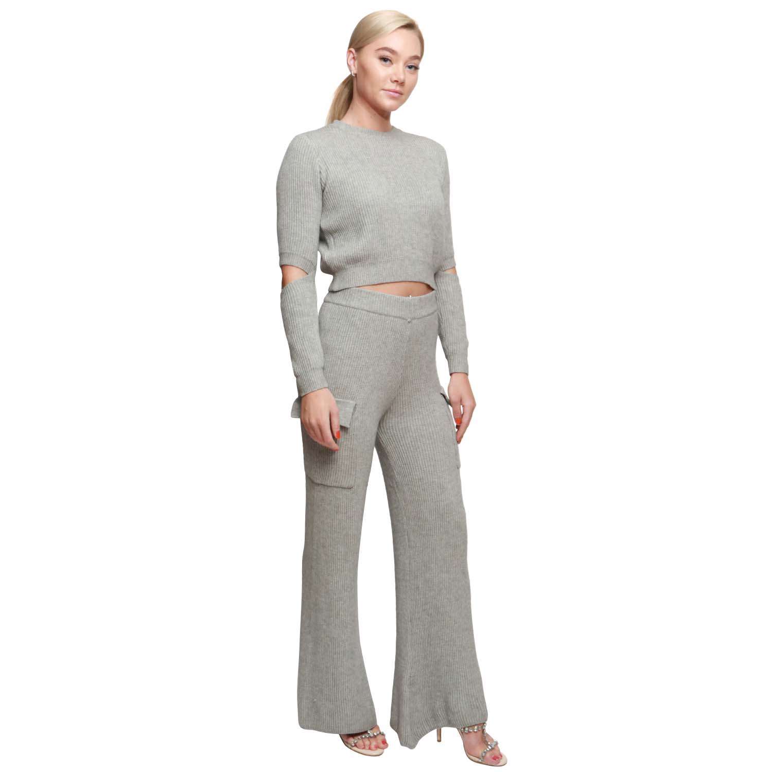 Grey Lounge Set Cropped Top Soft Knit Flare Trousers (Bulk)