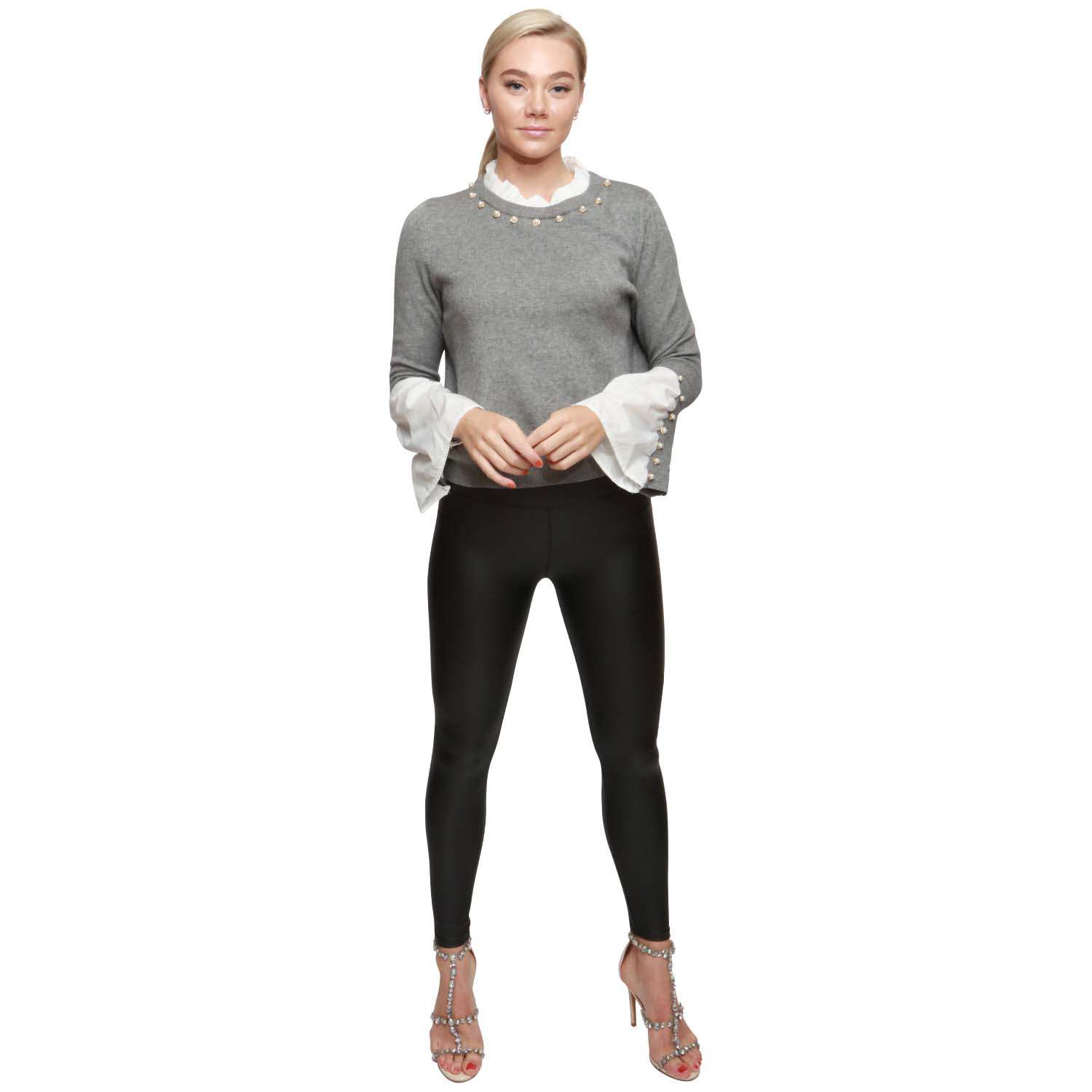 Grey Frill Collar Jumper Sleeve Shirt Details Embellished Diamond (Bullk)