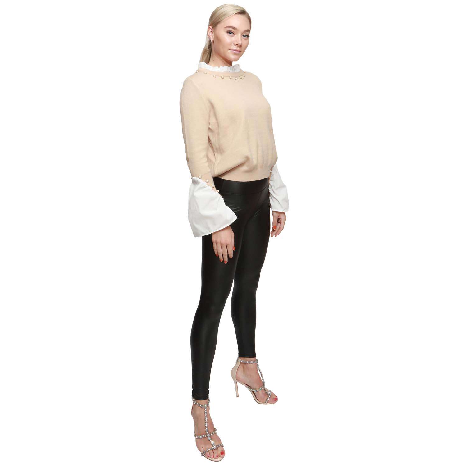 Beige Frill Collar Jumper Sleeve Shirt Details Embellished Diamond (Bulk)