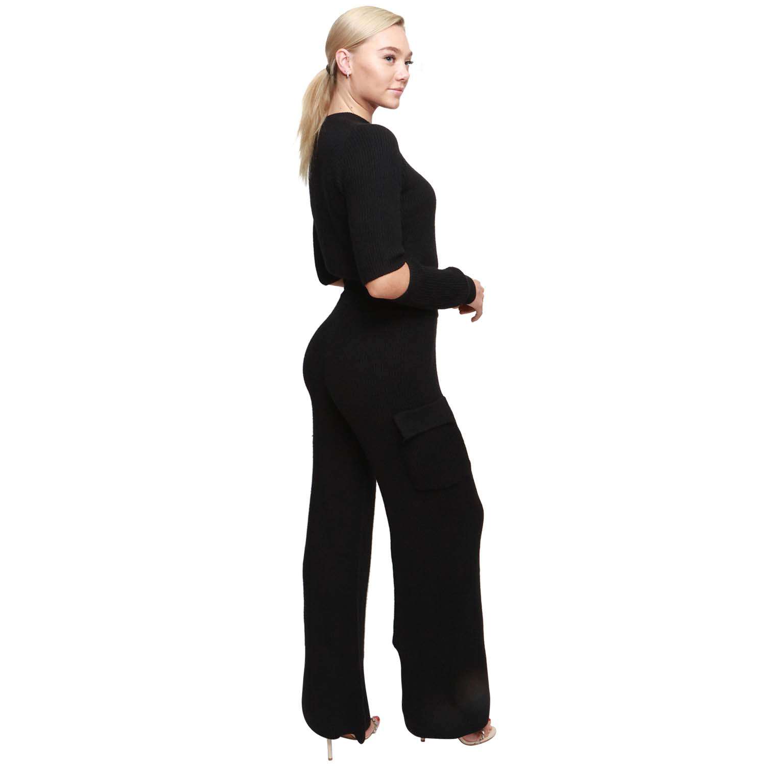 Black Lounge Set Cropped Top Soft Knit Flare Trousers (Single)