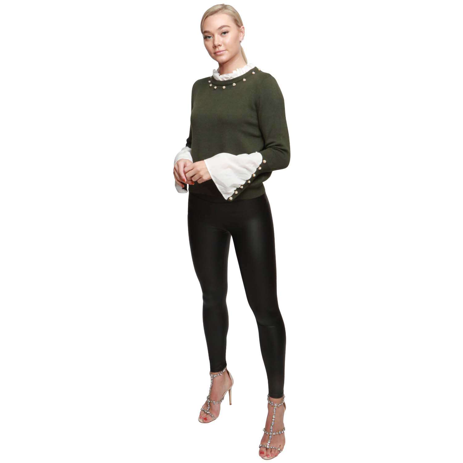khaki Frill Collar Jumper Sleeve Shirt Details Embellished Diamond (Single)